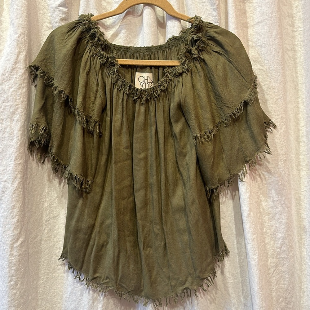 Chaser Olive Green Boho Frayed Peasant Blouse